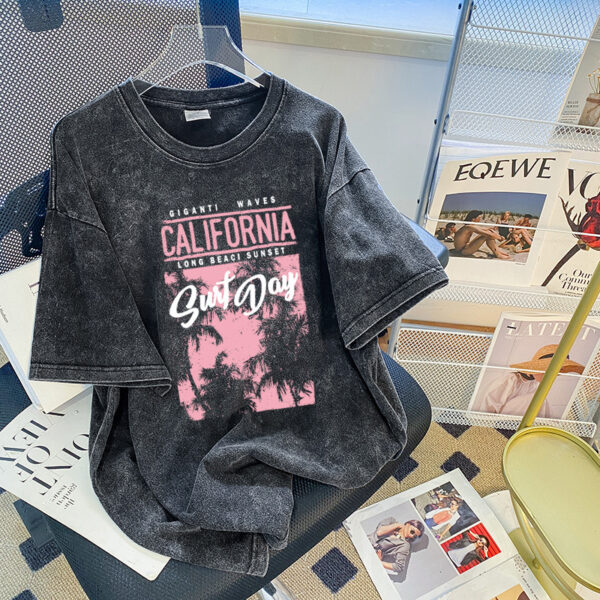 European and American hiphop trendy brand distressed short-sleeved T-shirt for women, large size, loose oversize, washed black printed top - 图片 5