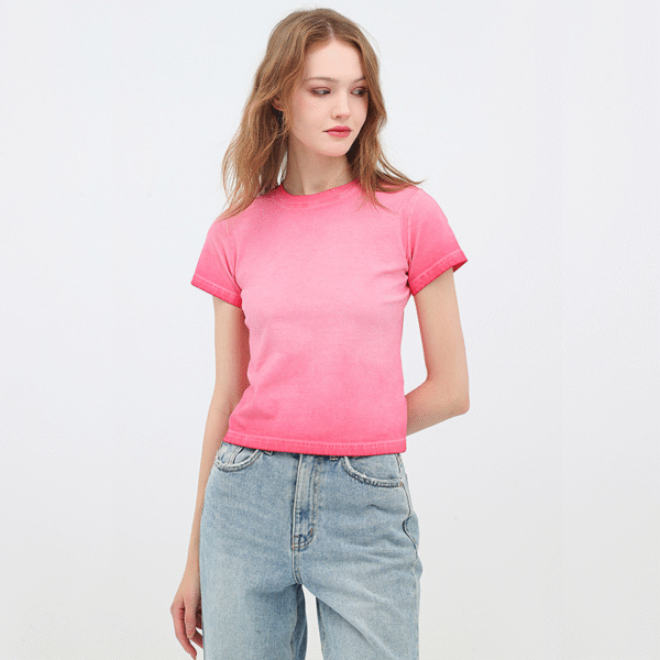 Retro women's two-color gradient pure cotton T-shirt belly button slim fit hot girl round neck short sleeve women's T top - 图片 2