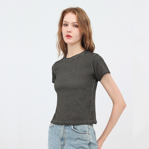 Retro women's two-color gradient pure cotton T-shirt belly button slim fit hot girl round neck short sleeve women's T top - 图片 3