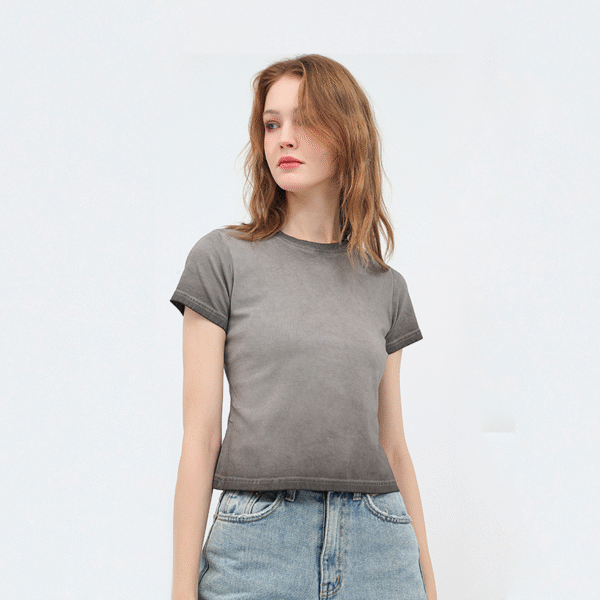 Retro women's two-color gradient pure cotton T-shirt belly button slim fit hot girl round neck short sleeve women's T top - 图片 4