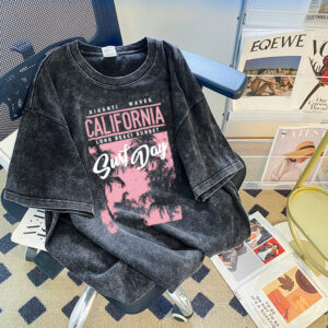 European and American hiphop trendy brand distressed short-sleeved T-shirt for women, large size, loose oversize, washed black printed top